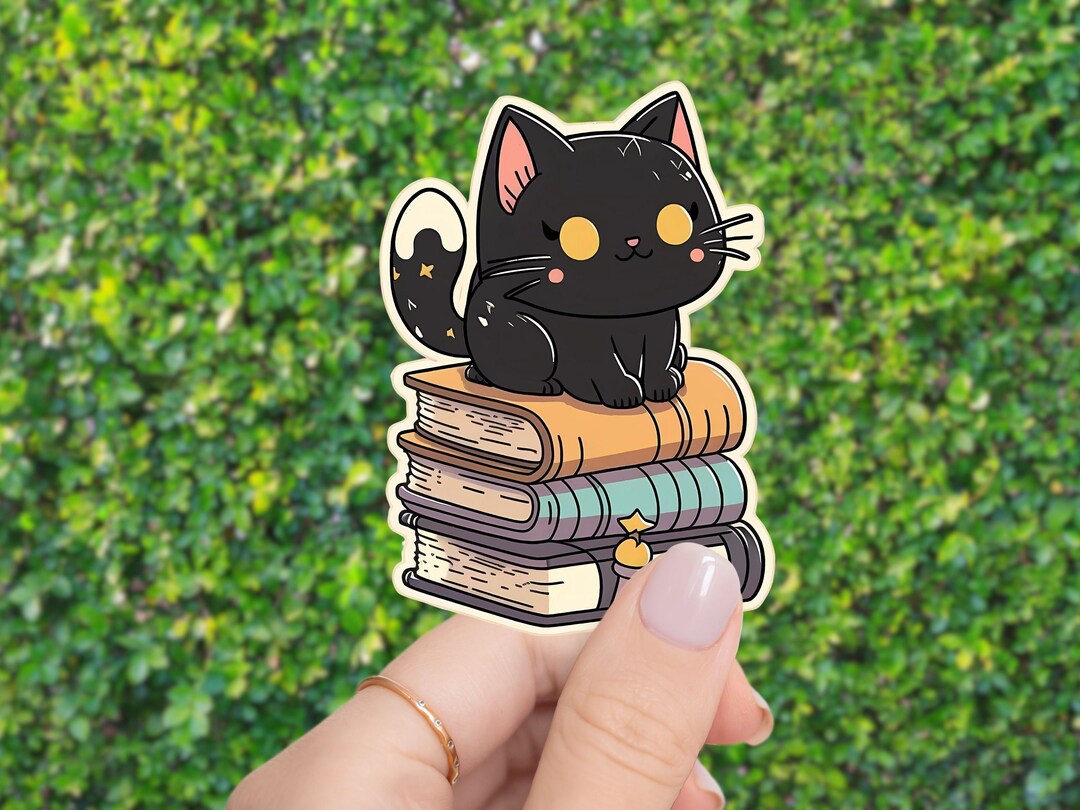 Black Cat on Books Sticker, Waterproof Vinyl Decal - Etsy