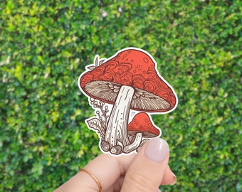 Red Mushroom Sticker, Waterproof Cottagecore Nature Vinyl Decal for Drink Bottles, Laptops, Lunchboxes, Containers, Washable