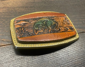 Vintage Bass Fishing Belt Buckle — Leather & Aluminum