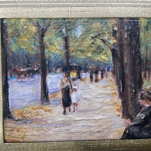 May include: An impressionistic painting of a tree-lined path with figures, a horse-drawn carriage, and a woman seated on the right. The artwork is framed in a gold-colored frame, enhancing the vintage aesthetic.