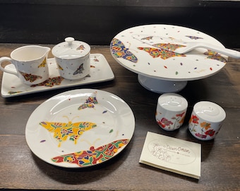 First Nations Artist Dawn Oman, Yellowknife Canada // Butterfly Cream & Sugar, Cake Server and Plate Set // Skye McGhie Fine Porcelain