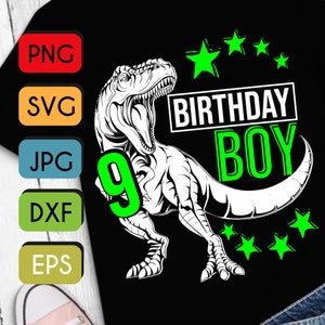 Dinosaurier Geburtstag junge Svg, 9. Geburtstag Svg, T-Rex junge SVG PNG JPEG Cricut oder Silhouette geschnitten Datei