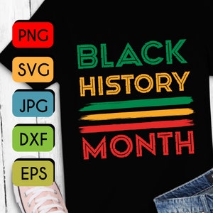 Op de afbeelding: Black History Month grafisch ontwerp met de woorden "BLACK HISTORY MONTH" in een retro stijl met rode, groene en gele strepen.