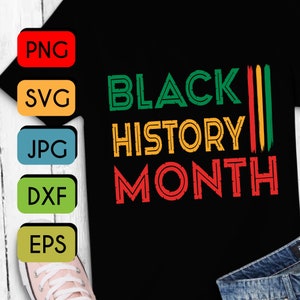 Op de afbeelding: Black History Month grafisch ontwerp met rode, gele en groene tekst op een zwarte achtergrond.