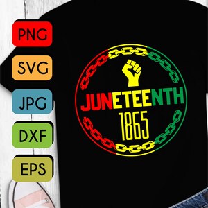 May include: A black t-shirt with a red, yellow, and green circle design. The circle features a raised fist and the text "Juneteenth 1865" in yellow.