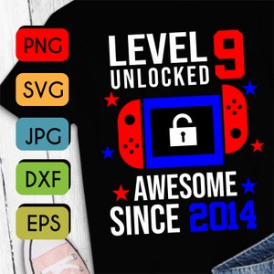 Level 9 Freischalten SVG 9. Geburtstag Junge Gamer 9 Years Old Joystick für Kind SVG PNG Jpeg Cricut oder Silhouette Cut File