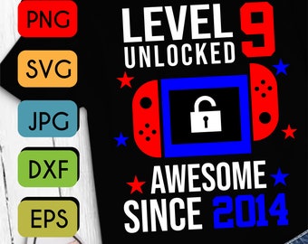 Nivel 9 desbloqueado SVG 9th cumpleaños Boy Gamer 9 años Joystick para niños SVG PNG Jpeg Cricut o Silhouette Cut File