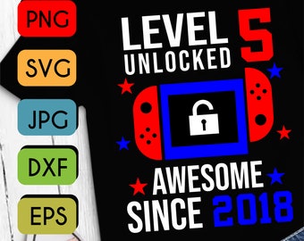 Niveau 5 Ontgrendeld SVG 5e verjaardag Jongen Gamer 5 jaar oude joystick voor kind SVG PNG Jpeg Cricut of Silhouet Cut File