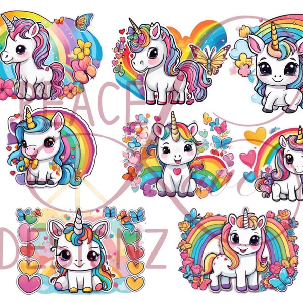 8 Unicorn with Hearts & Butterflies images, Clip Art, Sublimation, Digital Print. Commercial Use Instant Download