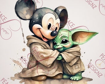 Baby Alien und Maus umarmen sich in Star Alien Wars Digitale Kunst für Sublimation und Druck für Digitales, Tassen, Taschen, Leinwand. Tshirts usw.