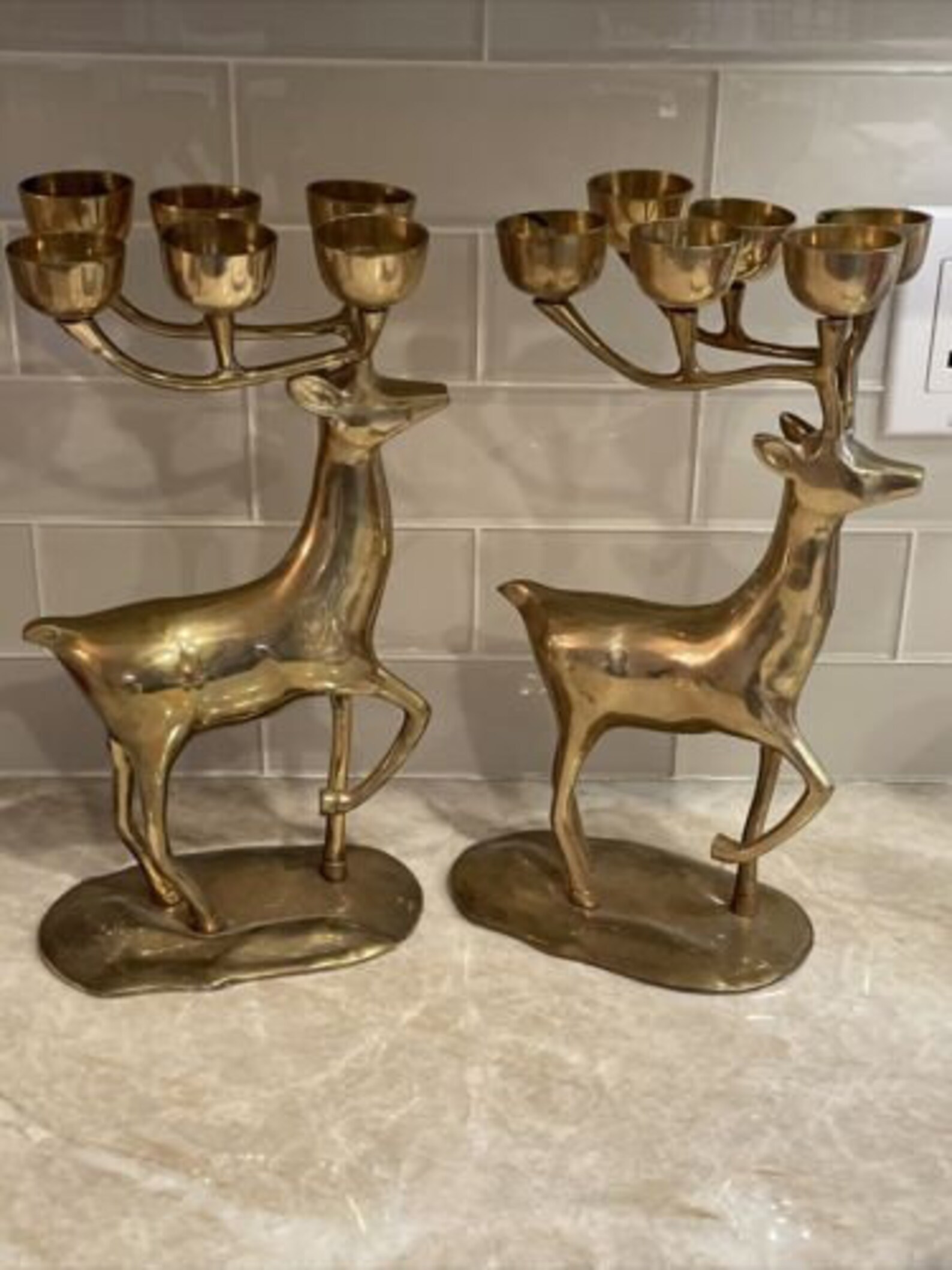Vintage Large Brass Deer Antler 6 Candle Holder Candelabra Set Etsy