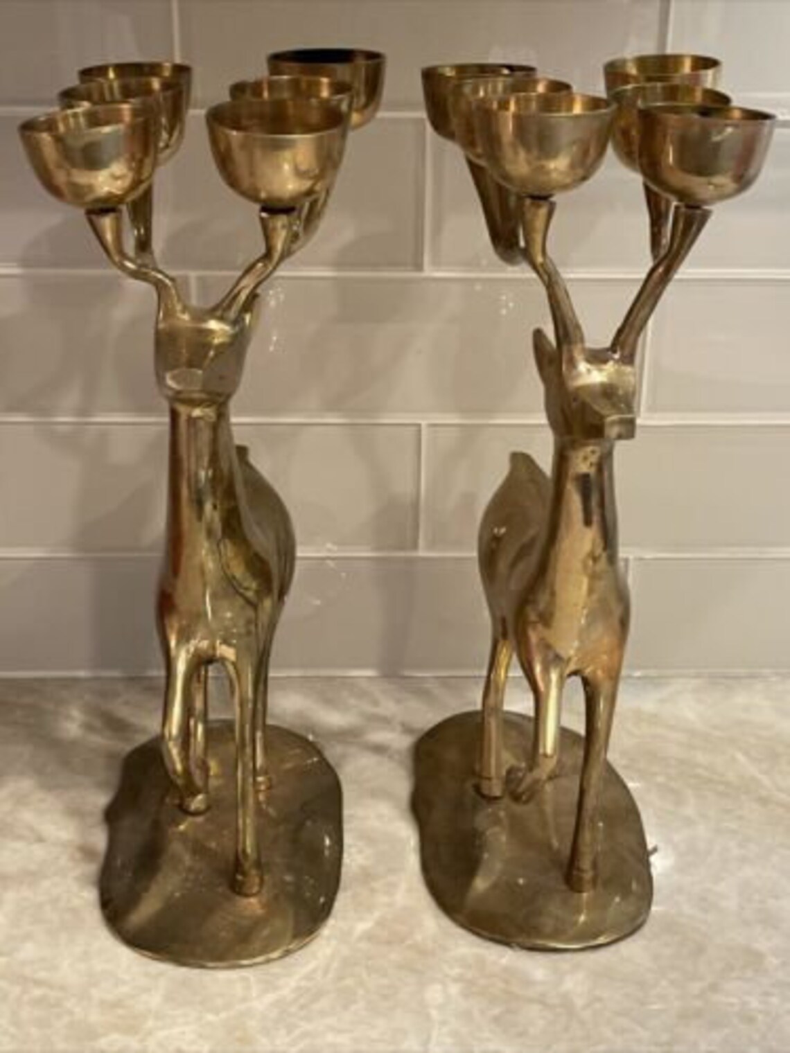 Vintage Large Brass Deer Antler 6 Candle Holder Candelabra Set Etsy