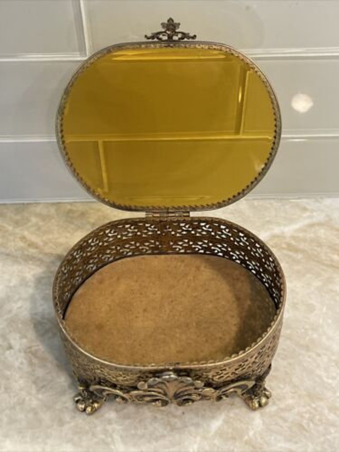 Vintage Ormolu Jewelry Box Casket Beveled Amber Glass Etsy
