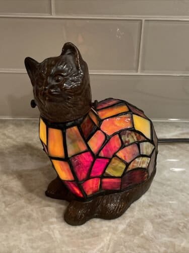 Vintage Stained Glass Cat Lamp and Bronzed Cast Metal Tiffany