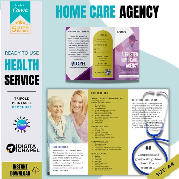 Home Care Agency Trifold Brochure | Healthcare Brochure | Home Healthcare Brochure |  Brochure Template | Canva Templates  | A4 Size