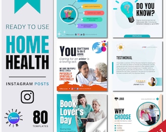 Könnte beinhalten: Ein Satz von 80 Instagram-Post-Vorlagen für Unternehmen im Bereich der häuslichen Krankenpflege. Die Vorlagen bieten eine Vielzahl von Designs mit Bildern von Senioren und Pflegekräften und beinhalten Text wie "Sofort einsatzbereit Hauskrankenpflege", "Du musst es nicht alleine tun", "Tag des Bücherwurms" und "Warum Sie uns für die Nachsorge wählen sollten?"