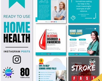 May include: A set of 80 customizable Instagram post templates for home health care businesses. The templates feature a variety of designs, including quotes, tips, and awareness month graphics. The templates are editable and can be downloaded instantly.
