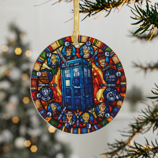 Tardis, Timelord, The Doctor, Dr Who, David Tennant, Tom baker Stained Glass Style, Christmas Ornament, Can Be Lit Up With Light Bulbs