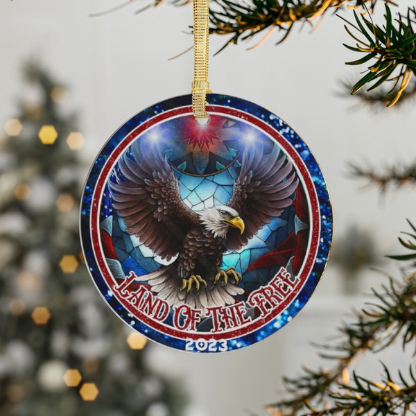 American, Patriot, Bald Eagle, Stained Glass Style Translucent, Can Illuminate, Christmas Tree Ornament Unique, Can Be Lit Up W/ Light Bulb