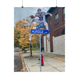 Buffalo Quarterback Hurdling Hurdle and Wellington Street Sign, Josh, Allen Matte Vertical Posters