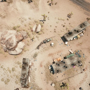 RPG-kaarten cyberpunk sci-fi post-apocalyps battlemap langs de weg campers