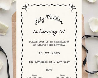 Op de afbeelding: Een crèmekleurige uitnodiging voor Lily Walker's 16e verjaardag, met zwarte handgeschreven tekst en decoratieve randen. De uitnodiging bevat de datum, het adres en RSVP-informatie, tegen een neutrale achtergrond met bloemaccenten.
