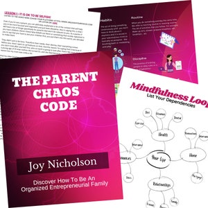 Puede incluir: Una portada de libro rosa y blanca con el título "The Parent Chaos Code" y el nombre del autor "Joy Nicholson". El subtítulo es "Discover How To Be An Organized Entrepreneurial Family".