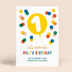 Printable 1st Birthday Invitation Template | Electronic Confetti Theme First Birthday Party Invitation | Colourful Kids Birthday Invitation