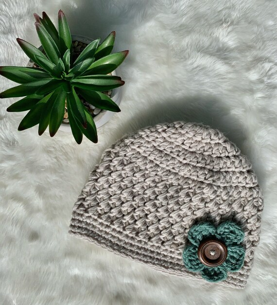 Crochet Flower Beanie Easy Pattern, Chunky Yarn Hat With Accent