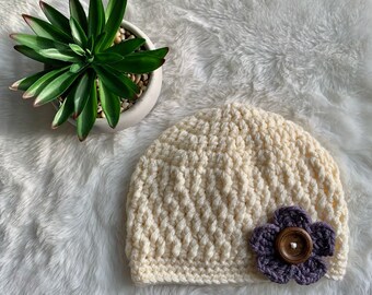 Chunky Crochet Beanie with Interchangeable Flower, Winter Warm Hat