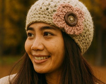 Crochet Flower Beanie Easy Pattern, Chunky Yarn Hat with Accent (PDF Pattern)