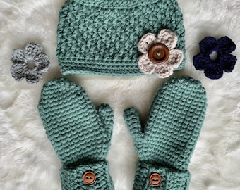 Hat and Mitten Set, Crochet Set, Green Crochet Hats, Thick Mittens, Crochet Flower Beanie, Crochet Hat Set, Chunky Mittens