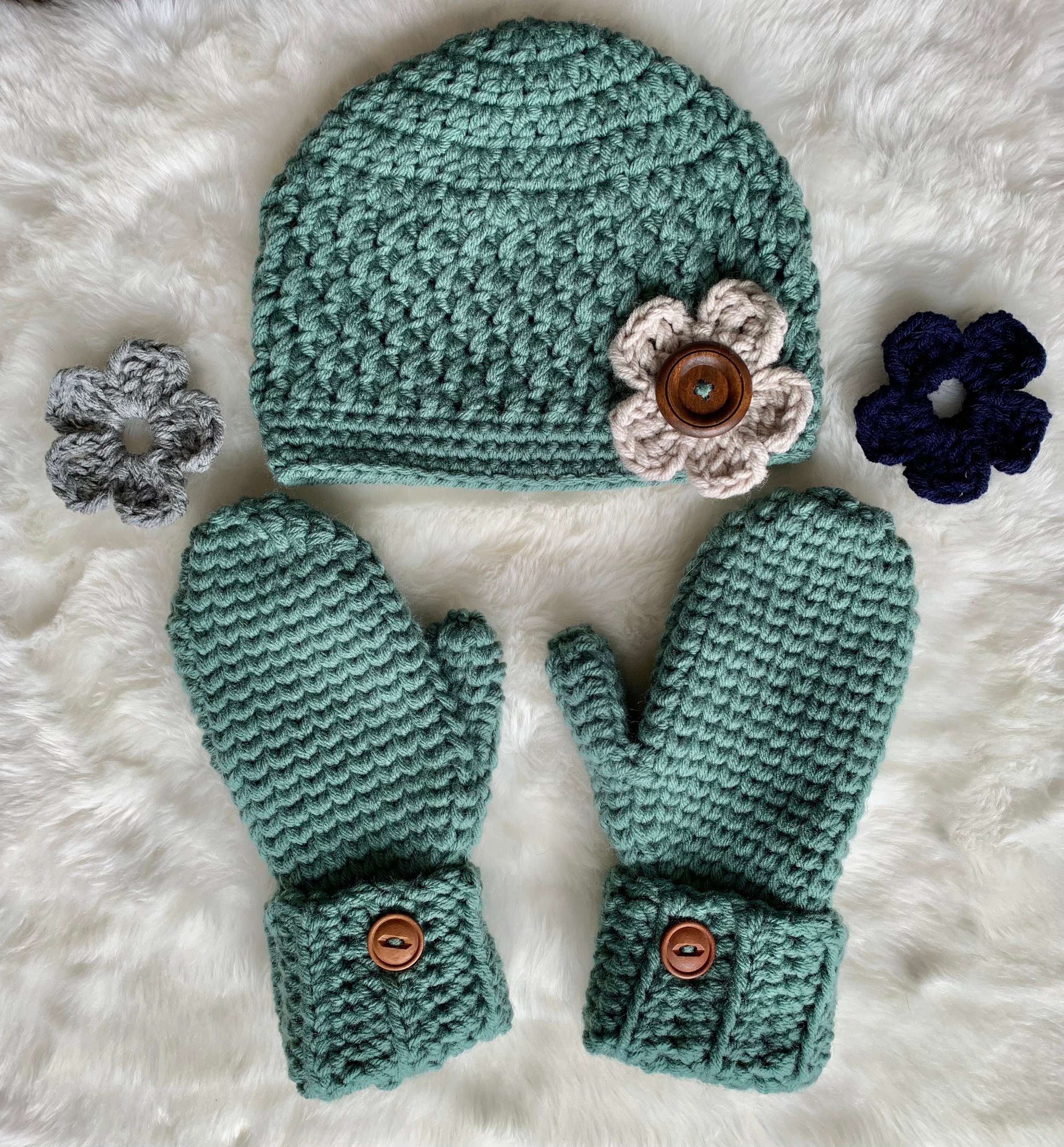 Hat and Mitten Set Crochet Set Green Crochet Hats Thick Etsy