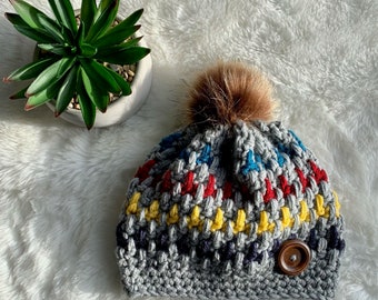 Crochet Winter Hat, Striped Beanie, Rainbow Beanie Hat, Fall Gifts for Women, Tween Birthday Gift for Her, Pom Pom Hat for Girls, For Mom