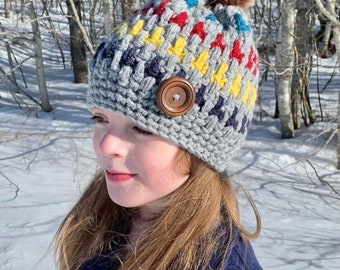 Crochet Winter Hat, Striped Beanie, Rainbow Beanie Hat, Fall Gifts for Women, Tween Birthday Gift for Her, Pom Pom Hat for Girls, For Mom