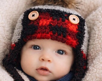 Buffalo Plaid Crochet Hat Pattern with pom for Toddlers and Babies (PDF Pattern)