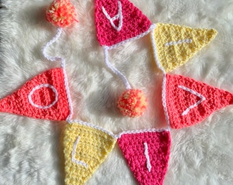 Crochet Name Banner, Kids Room Decor, Bunting Banner Personalized, Dorm Room Decor, Flag Banner Garland, Name Decoration for Wall