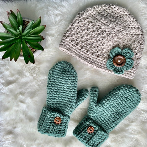 Hat and Mitten Set, Crochet Set, Green Crochet Hats, Thick Mittens, Crochet Flower Beanie, Crochet Hat Set, Chunky Mittens