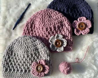 Crochet Flower Hat for Women, Boho Winter Hat for Teens, Womens Hats for Winter, Warm Hat for Women, Winter Birthday Gift for Her, Gift for