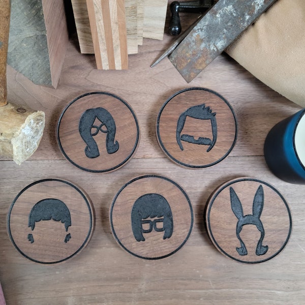 Bobs Burgers inspired Drink Coasters Set of Five, Walnut Wood Table Coasters, The Belcher's Wooden Table Accents, Custom Coaster Gift