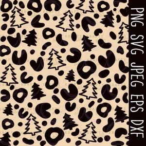 May include: A repeating pattern featuring black Christmas trees and abstract shapes on a tan background. The design includes various sizes of trees and dark shapes, creating a festive and modern aesthetic. The image also includes the text "PNG SVG JPEG EPS DXF".