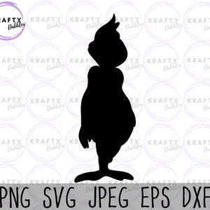 May include: A black silhouette of a cartoon character with a tall head and a large body. The character is standing with its arms at its sides. The image includes the text "PNG SVG JPEG EPS DXF" at the bottom. The logo "KRAFTY Dabbler" is in the upper left corner.