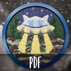 Pode incluir: Um desenho de ponto cruz emoldurado em azul de um OVNI com raios de luz amarelos brilhando sobre uma paisagem verde e roxa. O texto "PDF" está impresso abaixo da imagem.