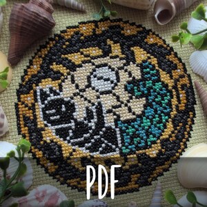 Può includere: Un modello a punto croce con un design dettagliato nei colori nero, oro e verde acqua. Il motivo circolare presenta un motivo centrale e un bordo decorativo. La parola "PDF" è visualizzata in basso. Il disegno è circondato da conchiglie.