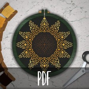 Sunflower Kaleidoscope - Modern Cross Stitch Design Pattern, PDF Digital Download