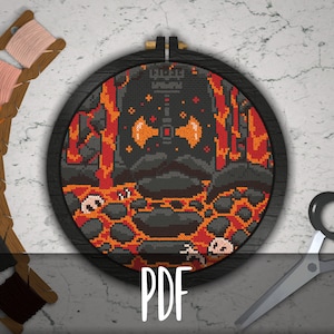 May include: A cross-stitch pattern of a pixelated image of a character standing in front of a fiery background. The pattern is displayed in a round embroidery hoop with a wooden frame. The image also includes a set of embroidery floss and a pair of scissors. The text "PDF" is displayed at the bottom of the image.