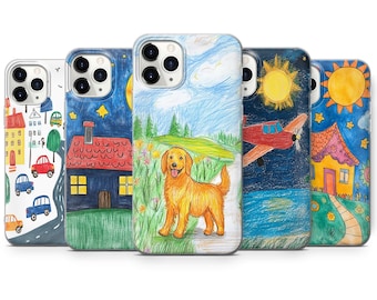 Kids Drawing Phone Case Cute Cover for iPhone 16, 15, 14, 13, 12, Samsung S24Ultra, S23FE, S22, A15, Pixel 9Pro XL, 8A, 8Pro, 7A, 6A