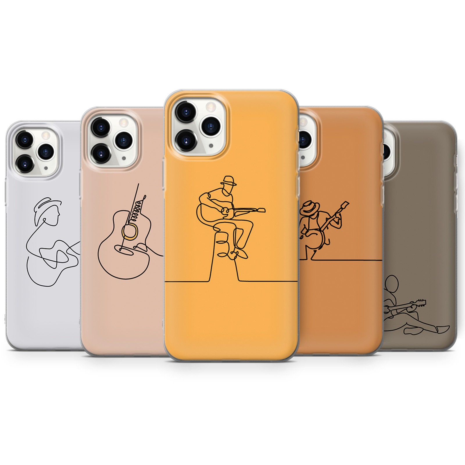 Line Art Phone Case Music Guitar Cover for iPhone 16, 15Plus, 14, 13, 12, Samsung S24Ultra, S23FE, S22, A15, Pixel 9Pro XL, 8A, 8Pro, 7A, 6A