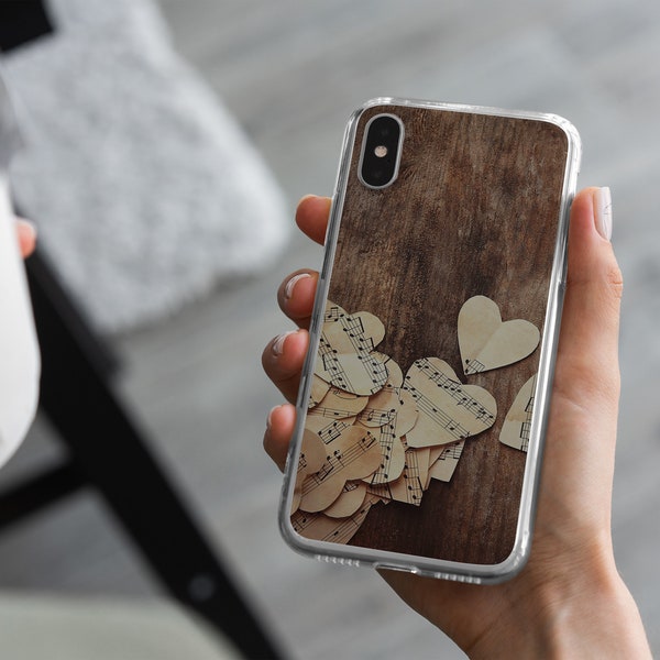 Music Hearts Phone Case Wood Cover pour iPhone 12, 11 Pro XS 7 8 SE 2020 et Samsung S20 Lite S8 A71 A51 Huawei P20 P30 Pro E4
