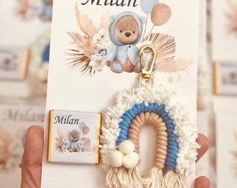 Teddy Bear Chocolate Card Favors,Teddy Bear Welcome Baby Favor,Baby Shower Gifts,Rainbow Macrame Keychain,Personalized Baptism Magnet Favors